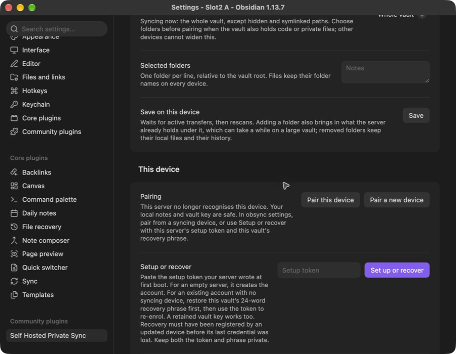 Forgotten-device explanation and Set up or recover action, with the token field empty
