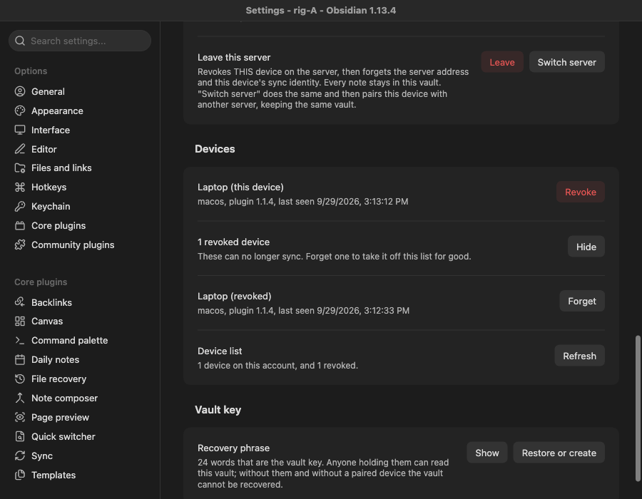 The replacement device first, then the 1 revoked device row opened on its revoked predecessor with Forget, then Device list reading 1 device on this account, and 1 revoked