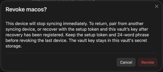 Revocation confirmation explains pairing and recovery and offers Cancel first