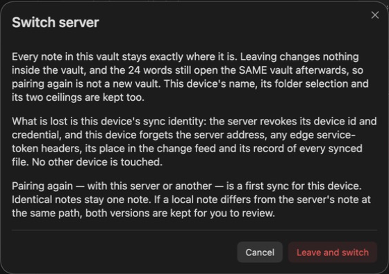 The Switch server confirmation keeps notes and the vault key, and explains which sync settings are forgotten