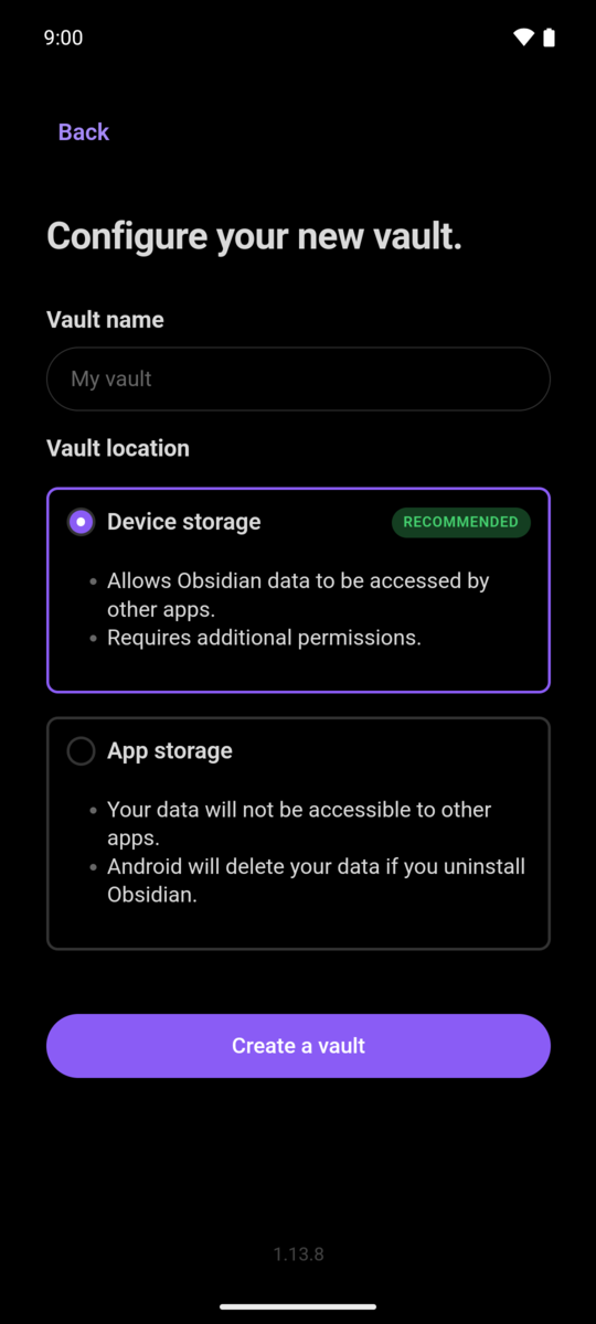 Obsidian on Android: Configure your new vault, with the Vault name field and Device storage selected