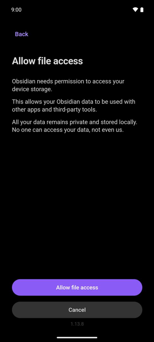Obsidian explains that it needs permission to access device storage, with the Allow file access button