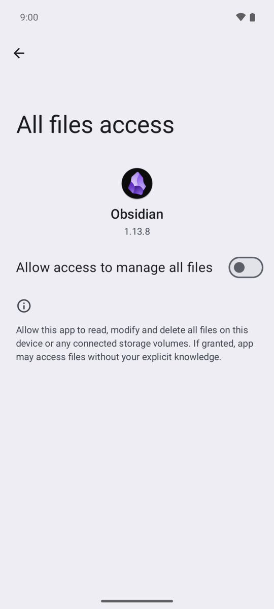 Android's All files access screen for Obsidian with the switch off