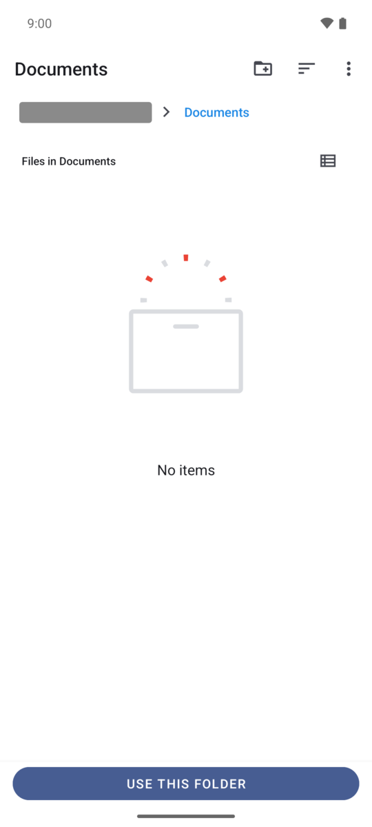 Android's folder picker on Documents, with the Use this folder button