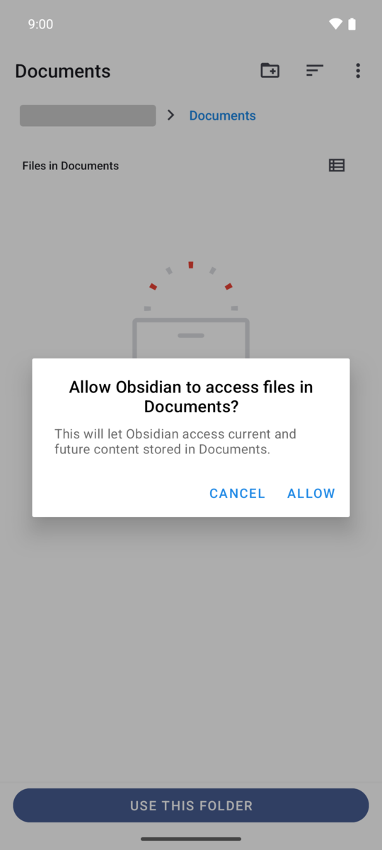 Android asks whether to allow Obsidian to access files in Documents, with Cancel and Allow