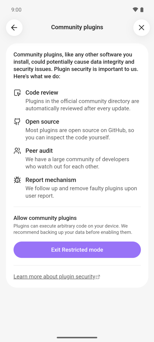 Community plugins on Android, with the Exit Restricted mode button