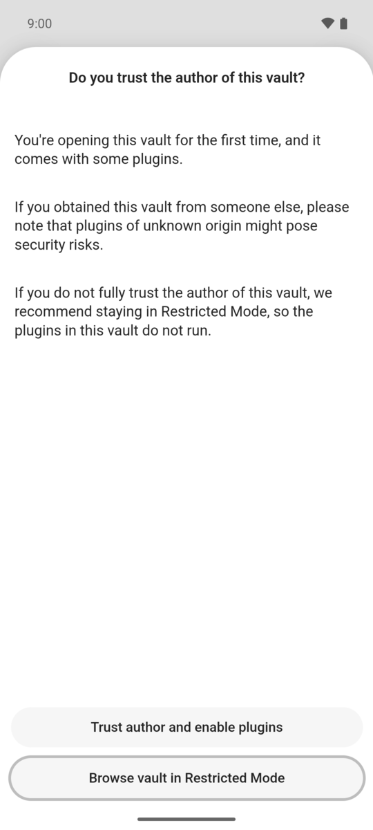 Obsidian asks whether you trust the author of this vault, with Trust author and enable plugins and Browse vault in Restricted Mode