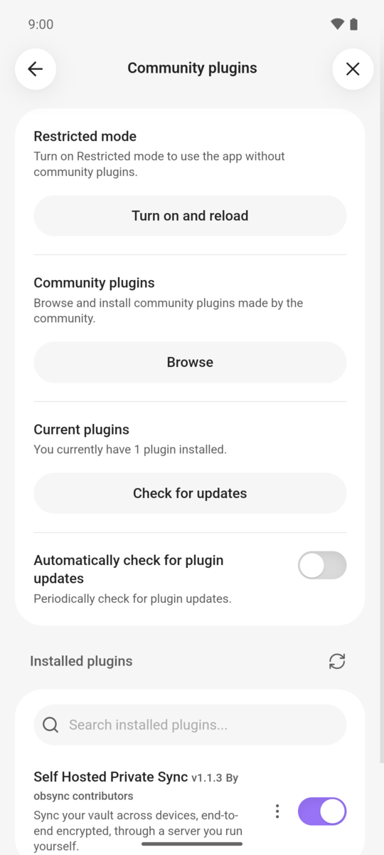 Community plugins with Self Hosted Private Sync installed and switched on