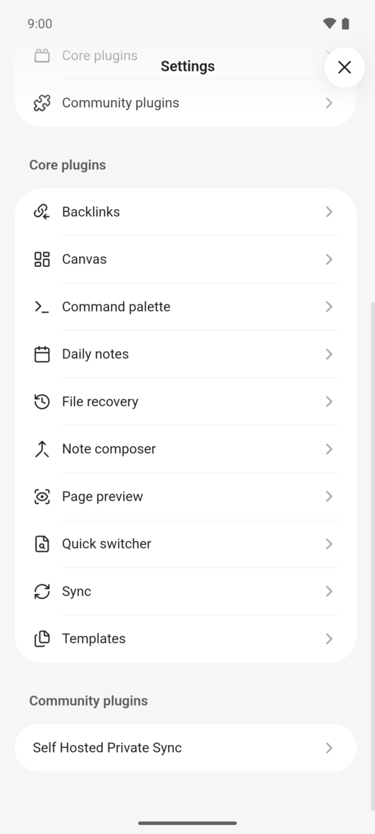 Obsidian's Settings on Android, with Self Hosted Private Sync under Community plugins