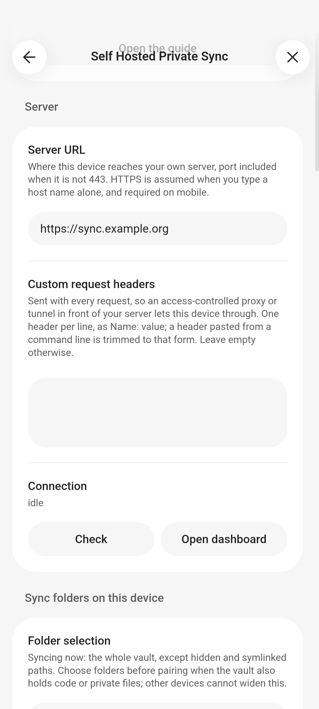The plugin's settings on Android: Server URL, Custom request headers, Connection with Check, and the start of Sync folders on this device
