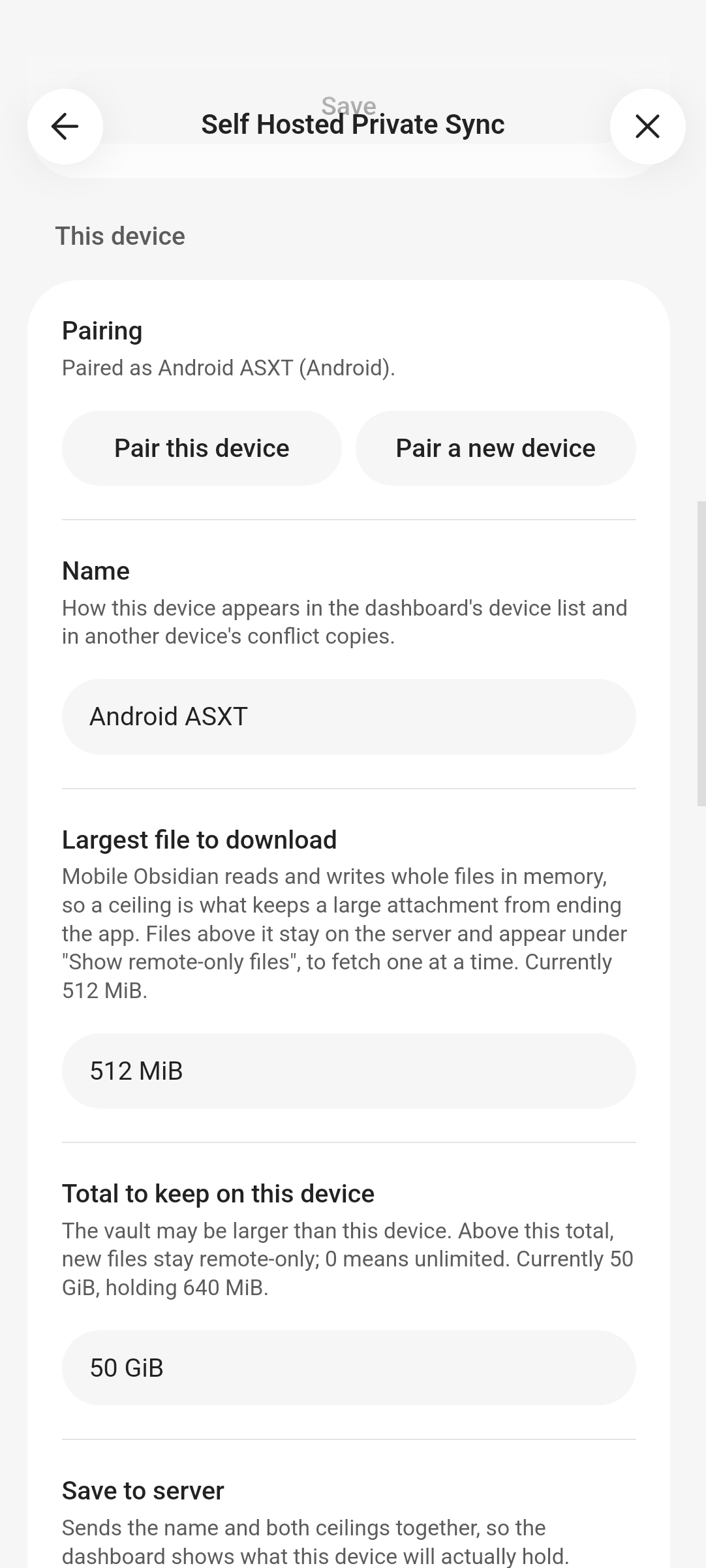 Once paired, This device on an Android phone: Paired as Android ASXT, Pair this device and Pair a new device, the Name, and the phone's download ceilings, 512 MiB and 50 GiB