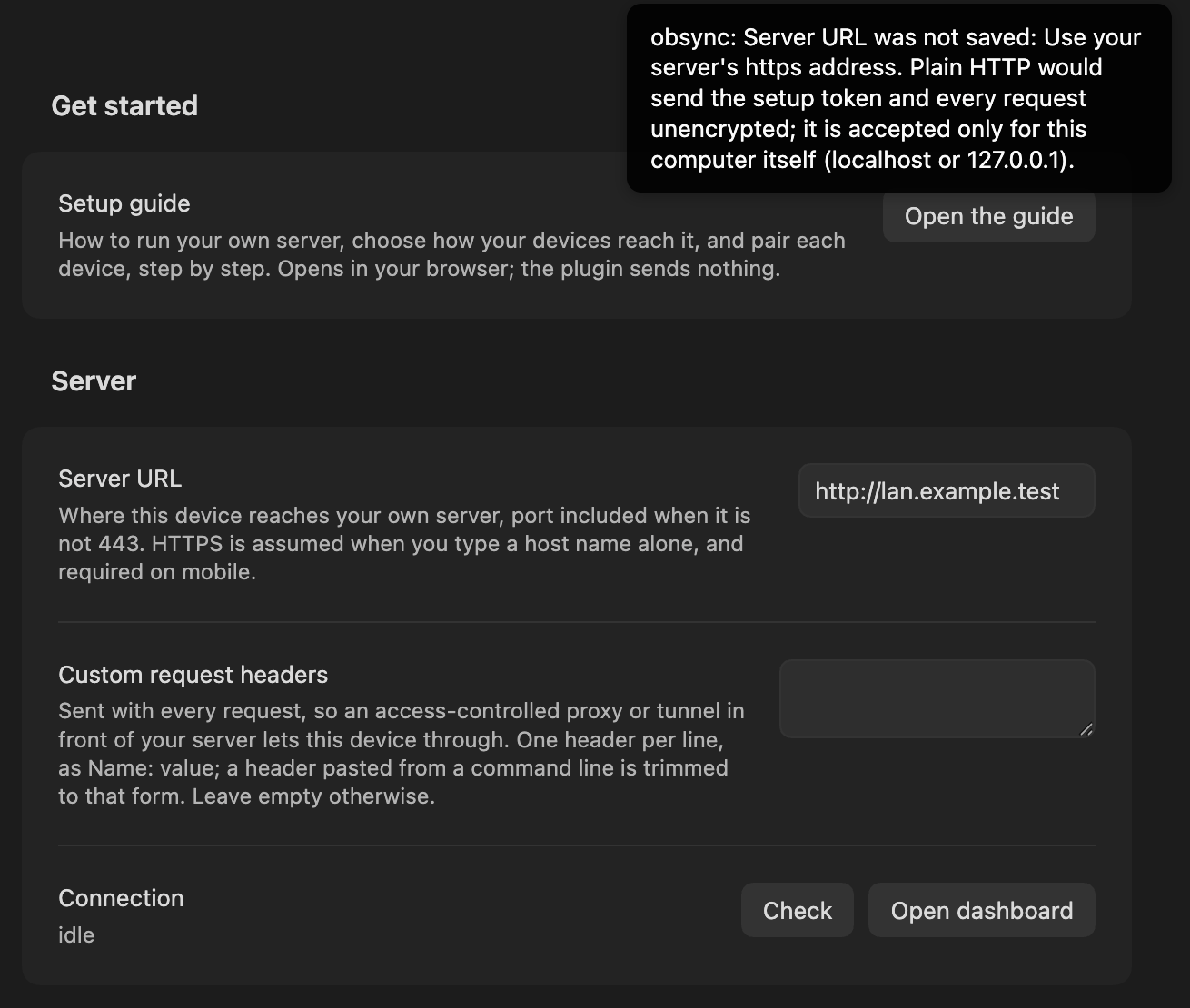 Check selected with the refused address still in Server URL: the notice reads Server URL was not saved, then asks for the https address
