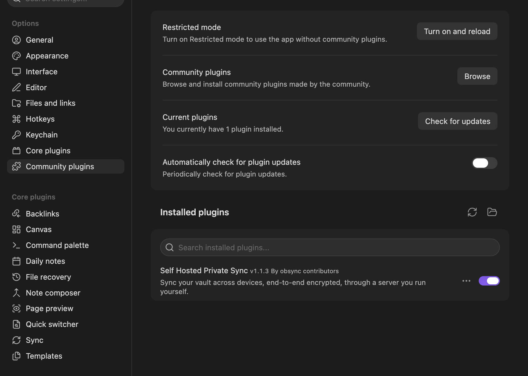 Community plugins on a computer, with Self Hosted Private Sync 1.1.3 installed and switched on