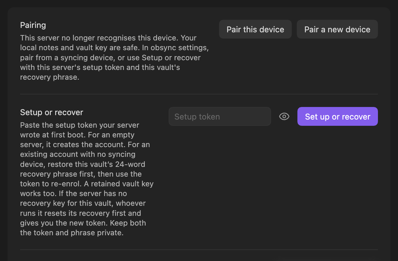 The forgotten device's settings: Pairing says the server no longer recognises this device, with Pair this device; Setup or recover is empty