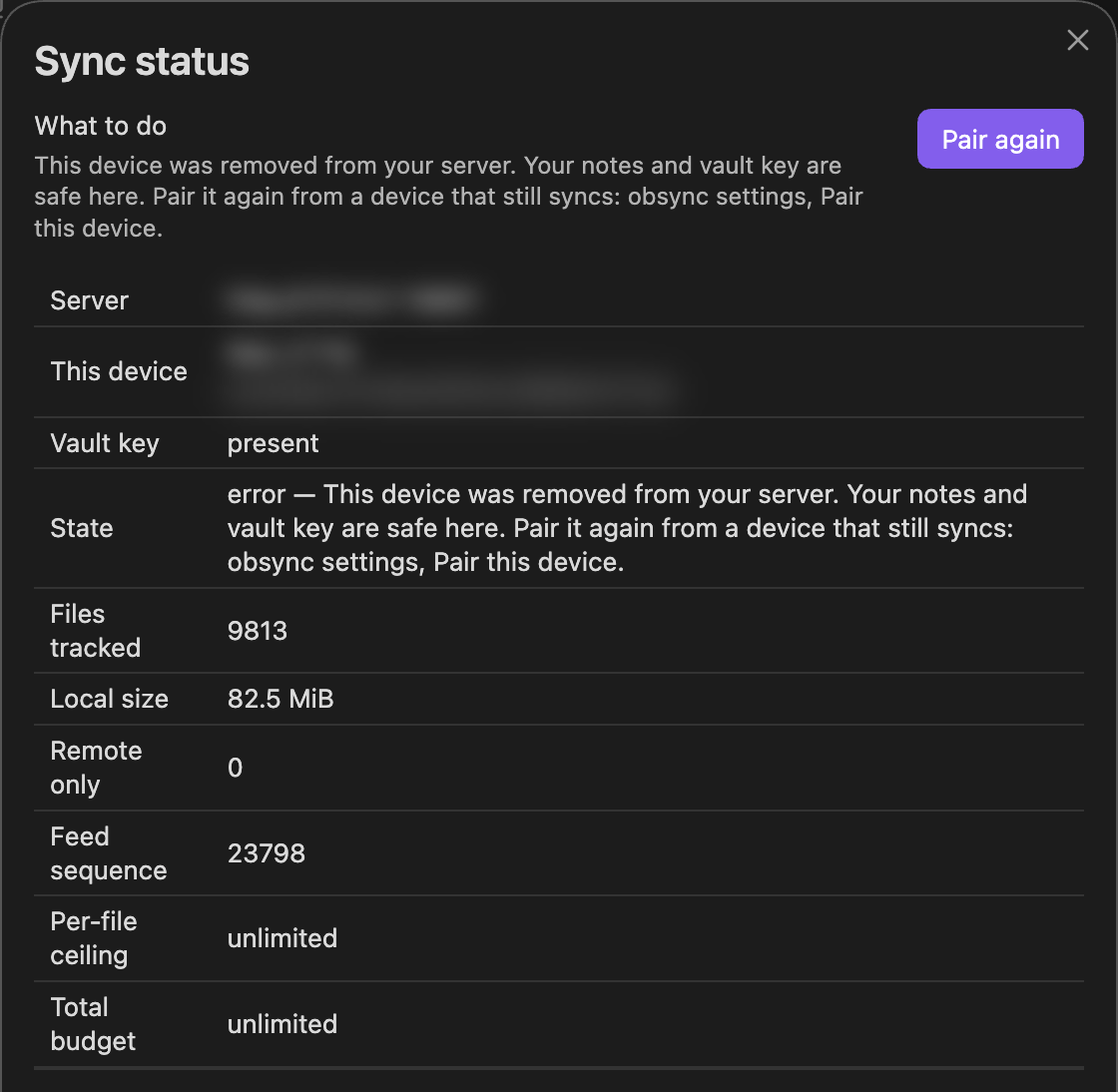 Show sync status on a forgotten device: the words that it was removed from the server, with Pair again, and its notes and vault key still here