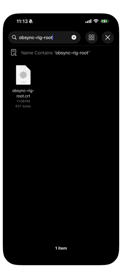 The Files app on an iPhone showing obsync-root.crt, one item