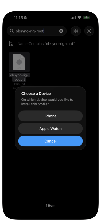 The Choose a Device prompt, with iPhone, Apple Watch and Cancel