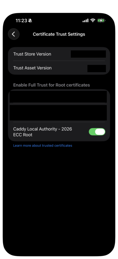 Certificate Trust Settings with the new certificate on