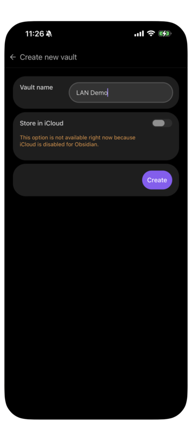 Obsidian's Create new vault screen on the phone, named LAN Demo