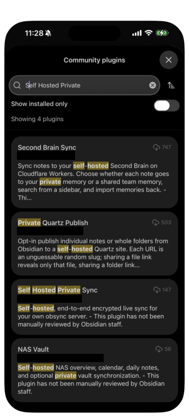 The community plugin search listing Self Hosted Private Sync