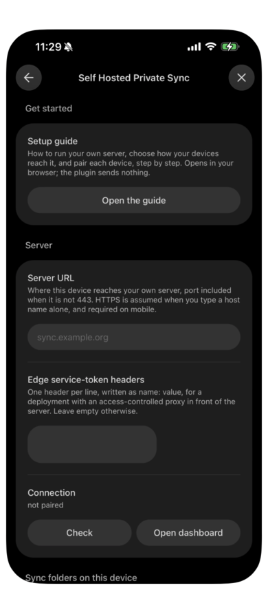 The plugin's settings on the phone: Get started with the Setup guide, then the Server URL field