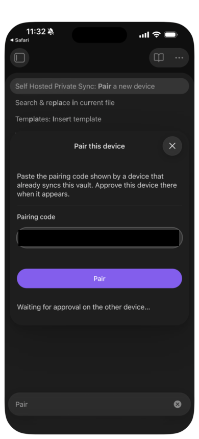 Pair this device on the phone with the code filled in, waiting for approval