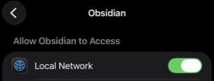 Obsidian in iPhone Settings with Local Network enabled