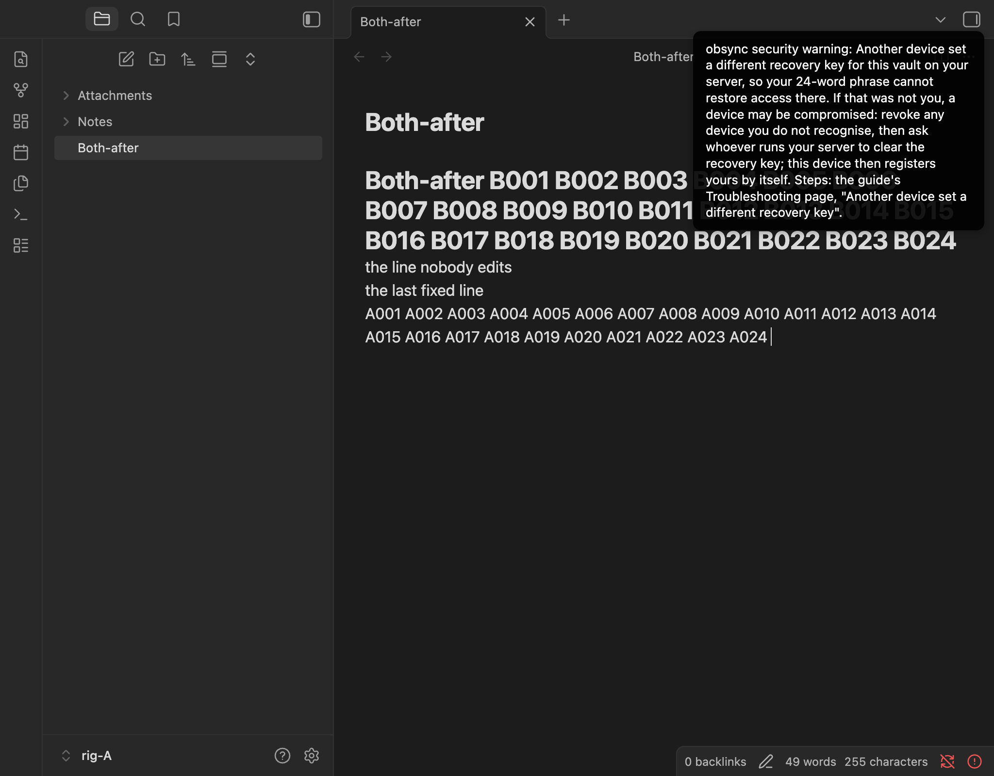 After: the security warning's toast, and the alert on the status bar