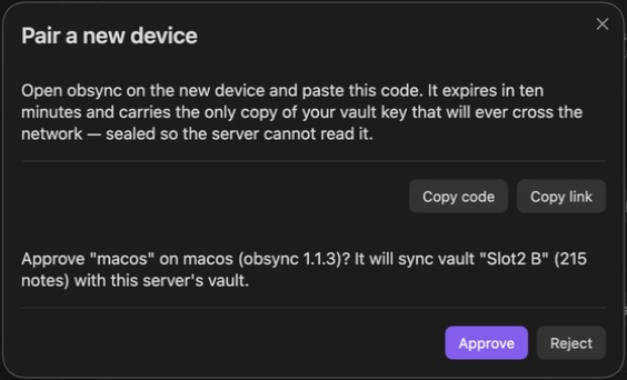 The approving device names the new device's vault and note count