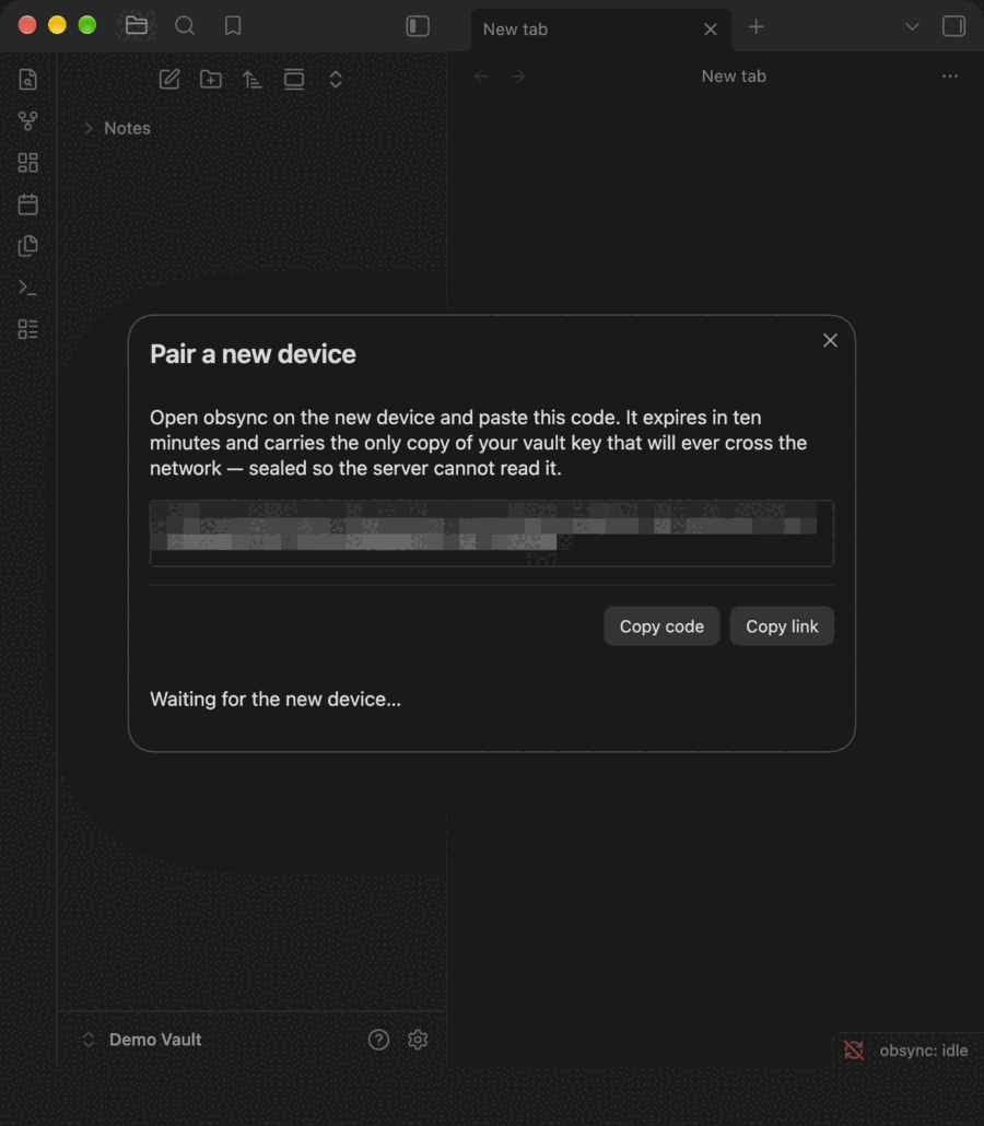 Animated: the pairing code shown on the first device, pasted on the second, approved on the first, and the first note arriving on the second