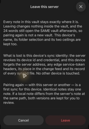 The phone's Leave confirmation explains which data stays and which sync settings are forgotten