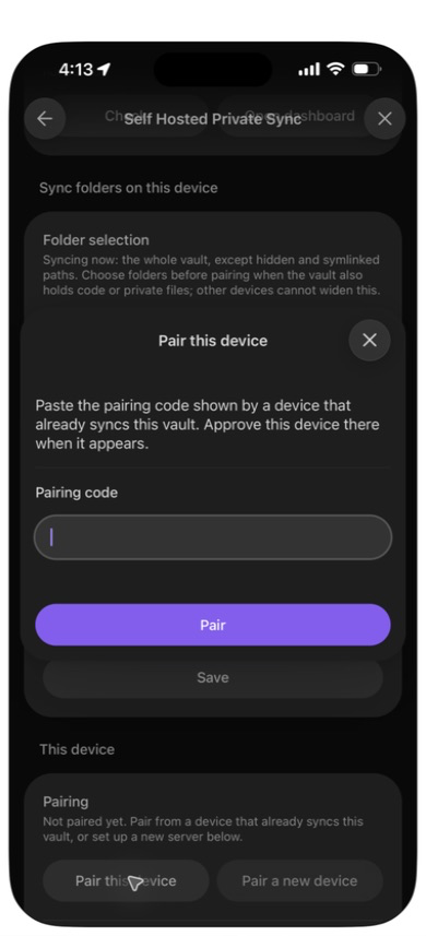 The phone's empty pairing form before any code is entered