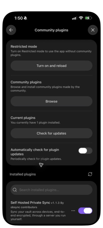 The repaired candidate enabled in the phone's Community plugins settings