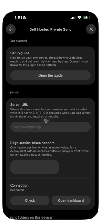 The phone's fresh sync settings, with the Server URL field and Check button