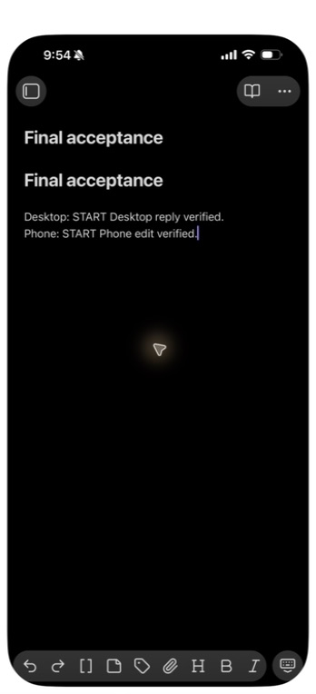 The phone shows both its own edit and the computer reply