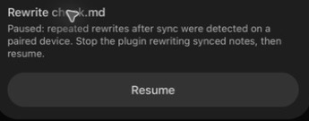 The phone offers Resume for a note paused by repeated rewrites