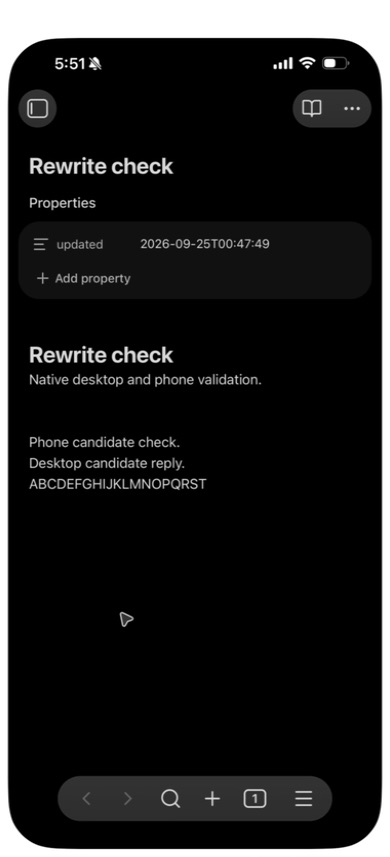 The phone main note retains all twenty letters after Resume