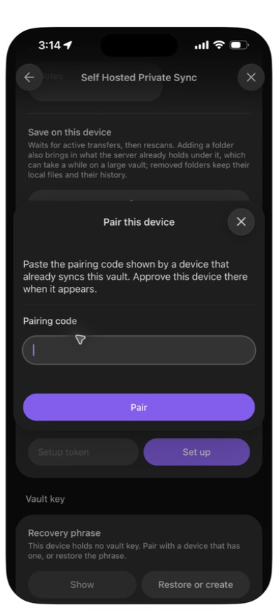Empty Pair this device form on the phone, with no code entered