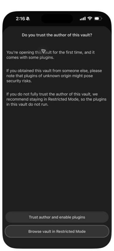 The phone asks whether to trust the author of the imported test vault