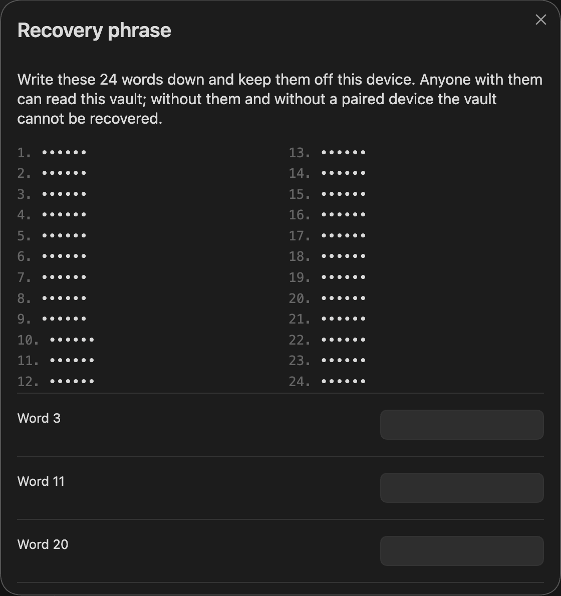The recovery phrase dialog: 24 numbered words, every one hidden here, and three answer fields for words 3, 11 and 20, empty