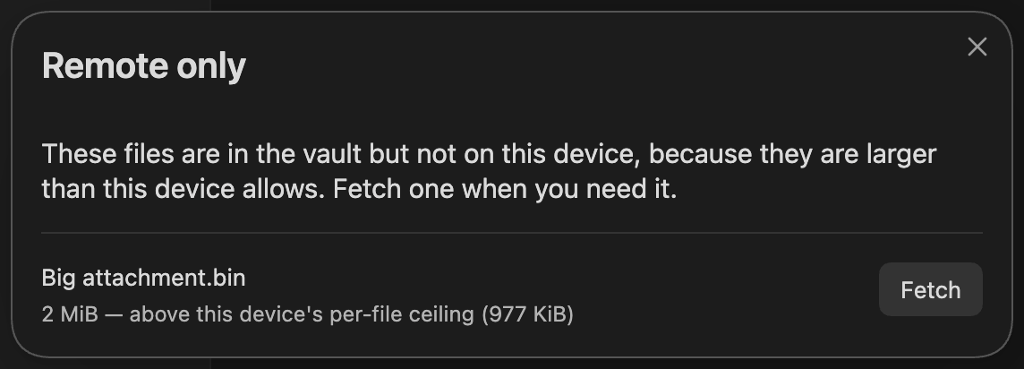 The Remote only dialog listing a 2 MiB file above this device's per-file ceiling, with a Fetch button