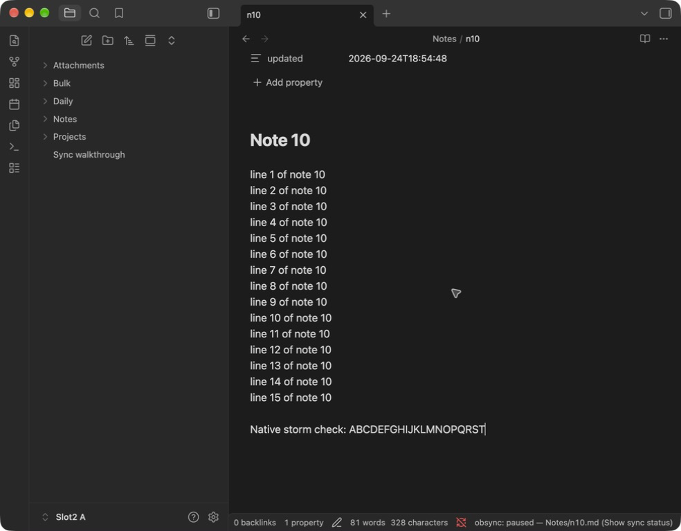 The note retains all typed letters while the status bar names the paused note