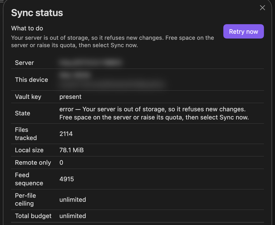 Show sync status on a computer: What to do says the server is out of storage, with Retry now, and State reads the same error
