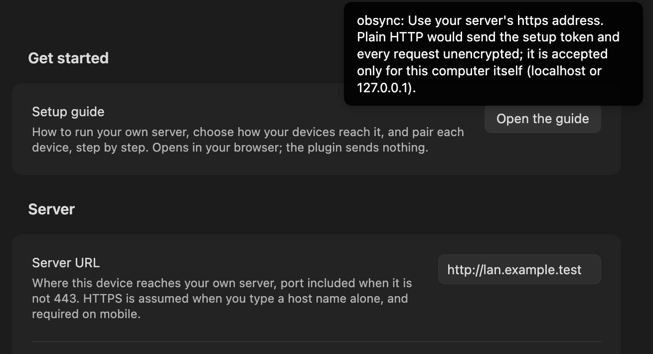 The plugin's settings with Server URL holding http://lan.example.test, and the notice asking for the server's https address