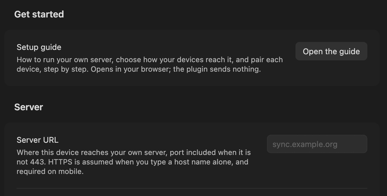 The plugin's settings opening with Get started: the Setup guide row and its Open the guide button, above the Server URL field