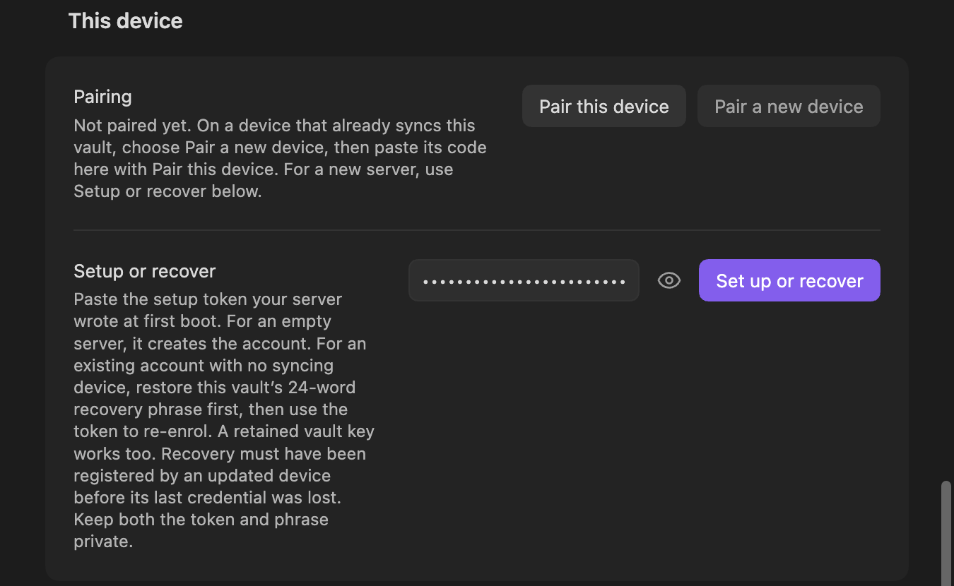 The Setup or recover row under Pairing on a new device, its Setup token field masked, beside Set up or recover