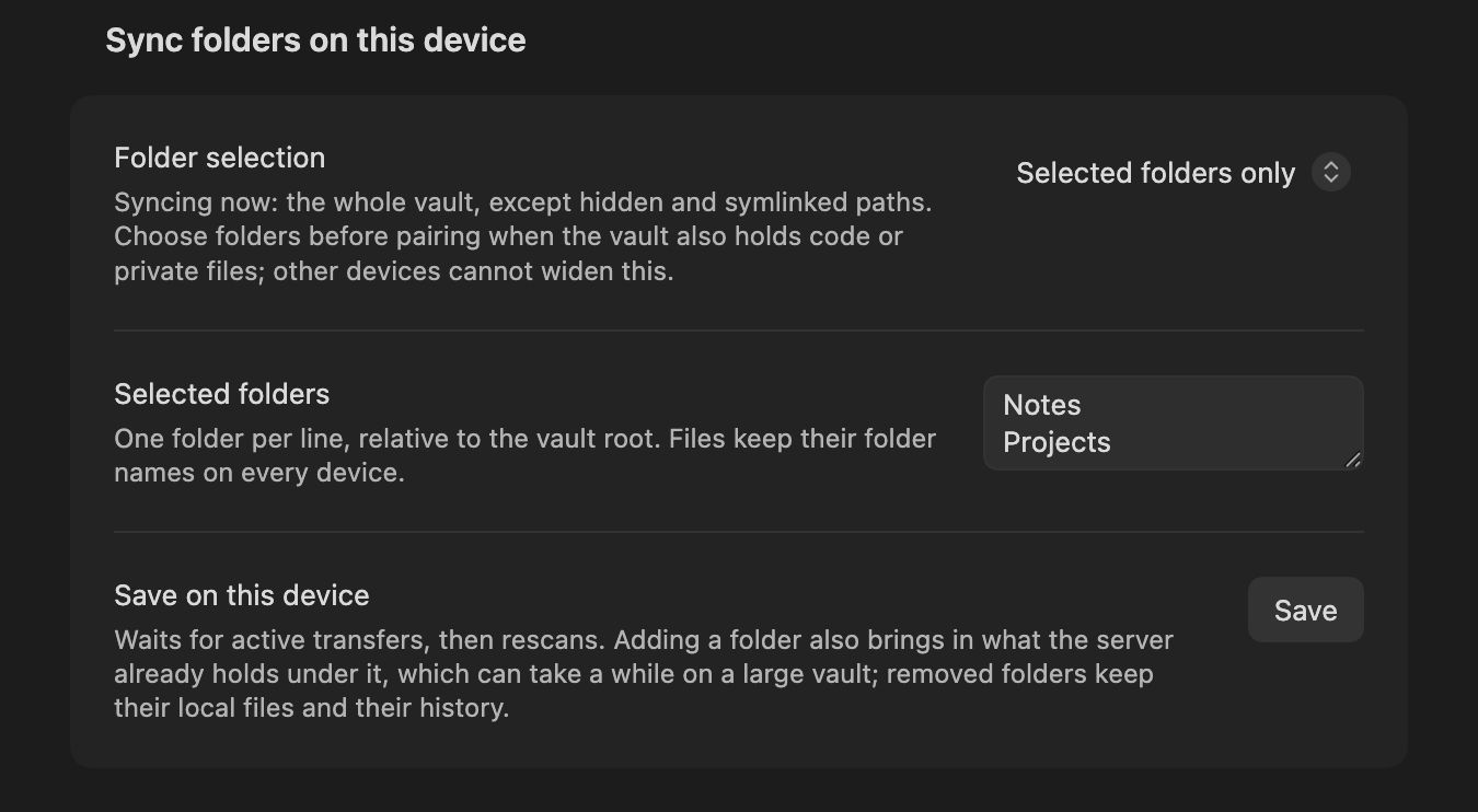 The Sync folders on this device section with Selected folders only chosen and the folders Notes and Projects typed, before Save