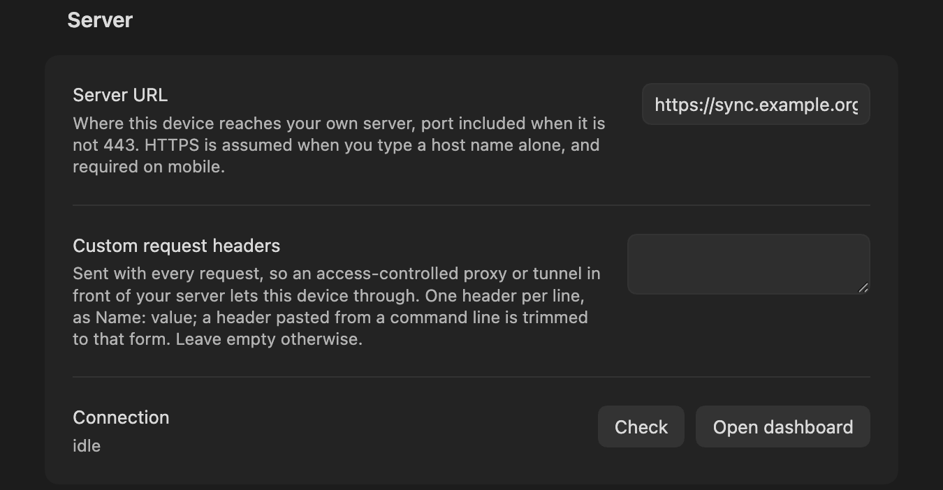 The plugin's settings tab: the Server URL field holding a demo host name, the Custom request headers box, and the Connection row with its Check and Open dashboard buttons