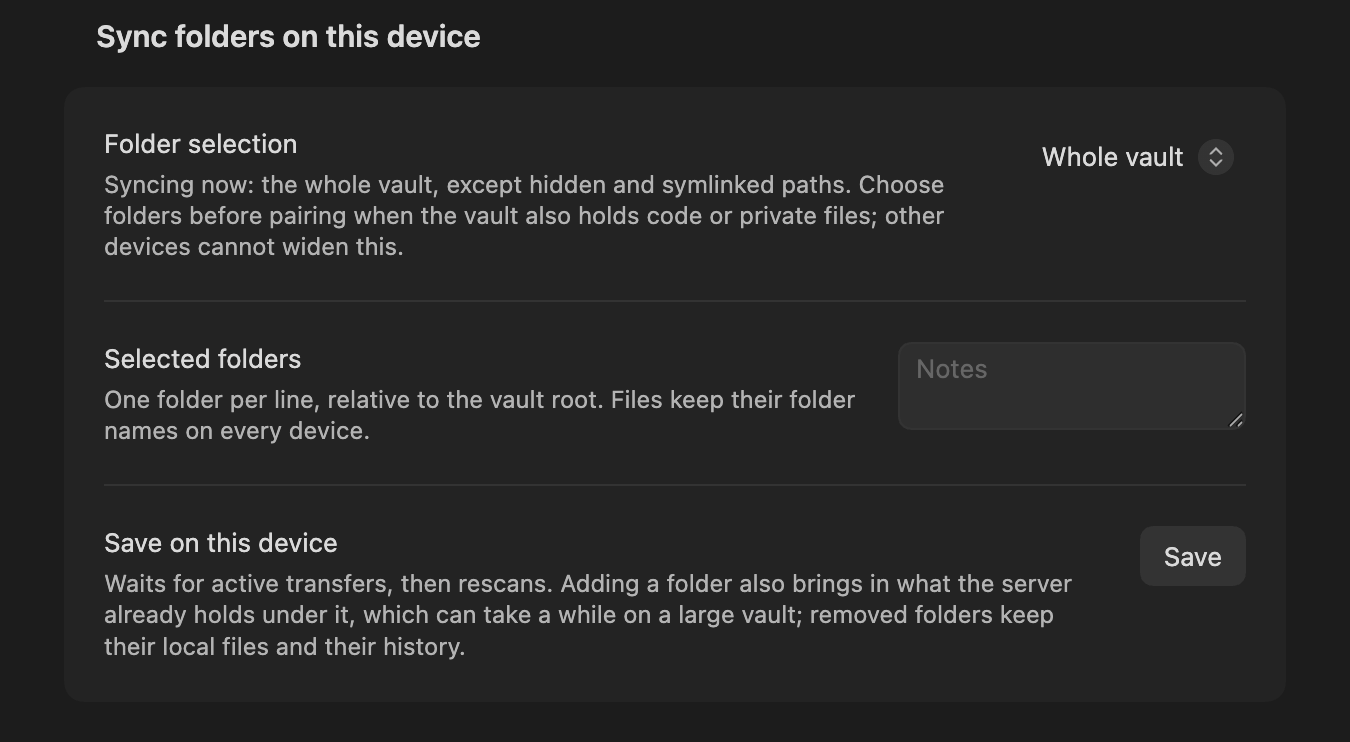 The Sync folders on this device section: Folder selection set to Whole vault, the Selected folders box, and the Save button
