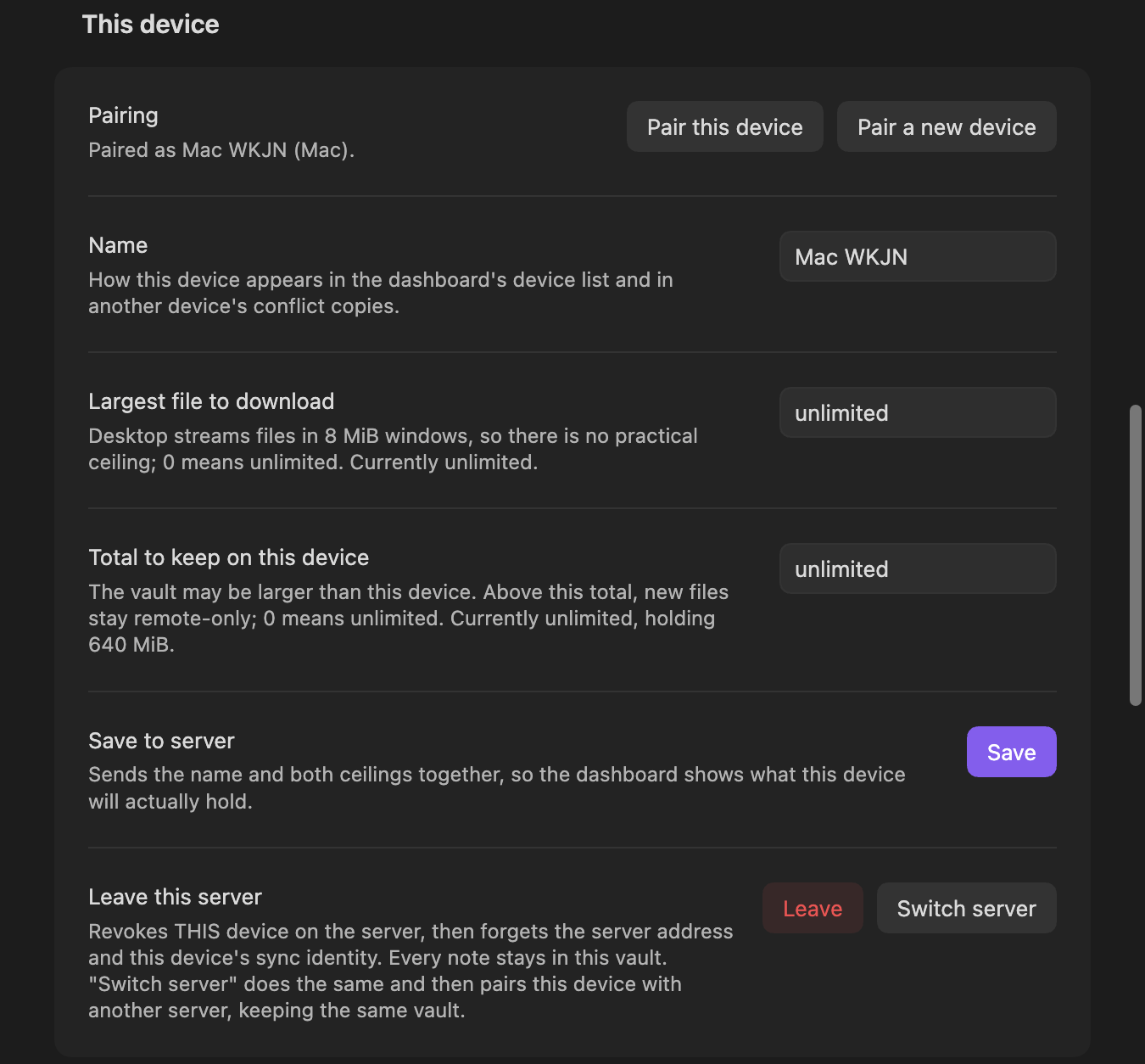 The This device section on a paired computer: Pairing reads Paired as Mac WKJN (Mac), Name holds that name the plugin made up, both download limits read unlimited, then Save to server, and Leave this server with Leave and Switch server